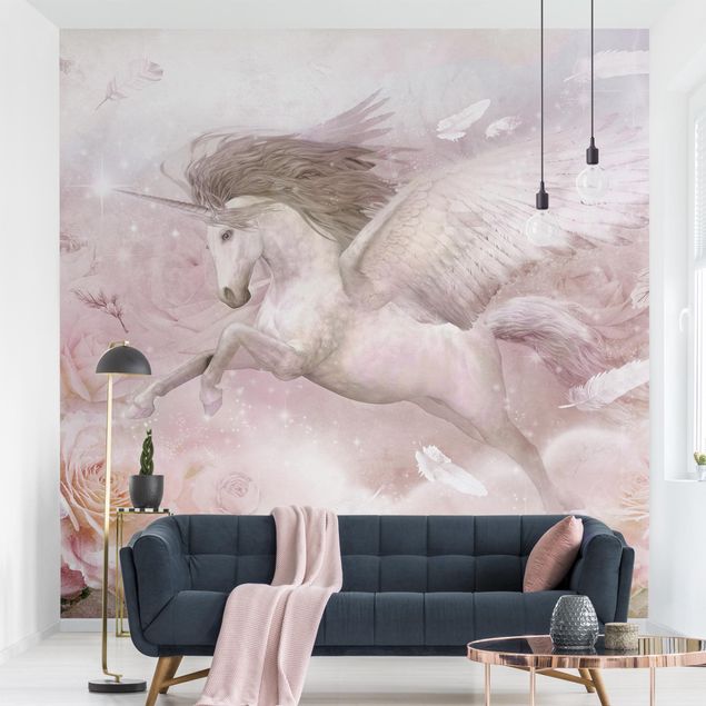 Papel pintado infantil animales Pegasus Unicorn With Roses