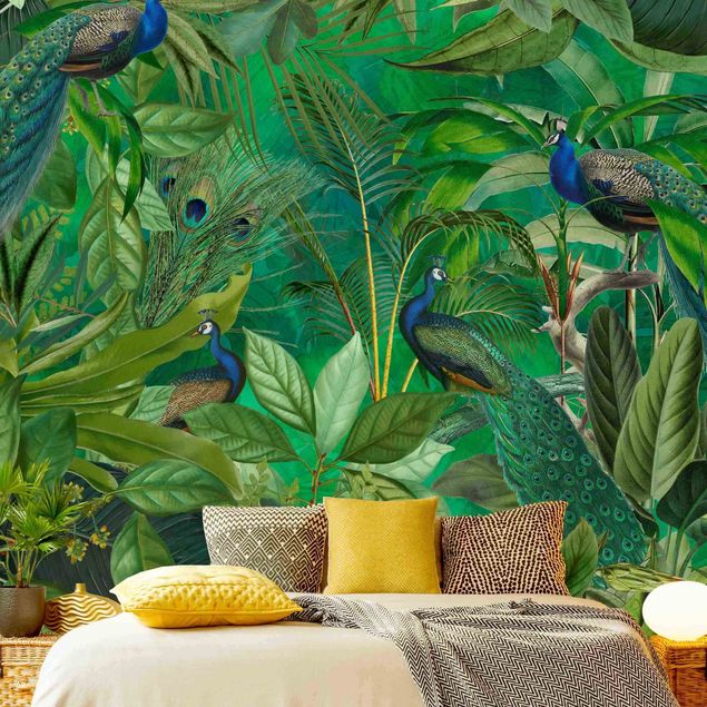 Papel pintado moderno Peacocks In The Jungle