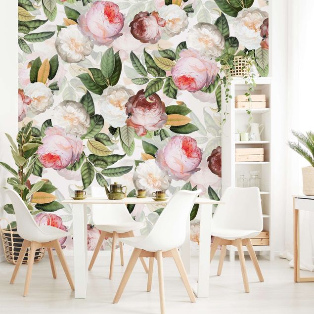 Papel pared flores Peonies With Leaves