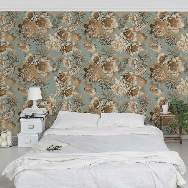 Papel pintado floral Peony Pattern Turquoise Gold