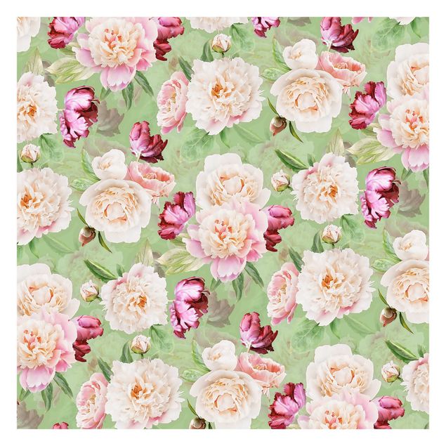 Papel pared verde Peonies On Mint Green