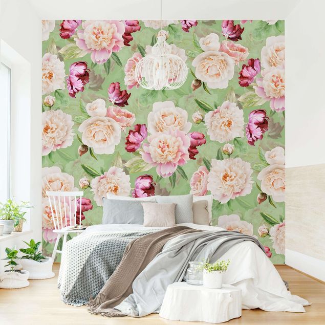 Papel pared flores Peonies On Mint Green