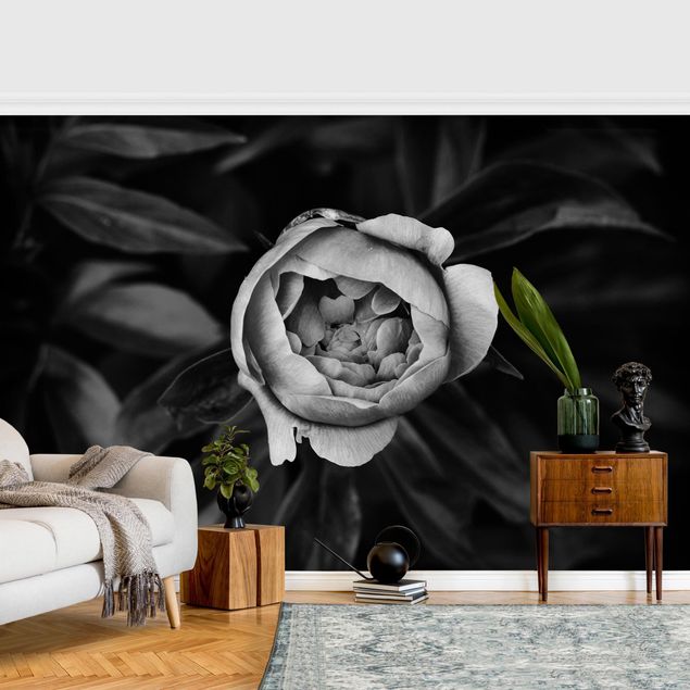 Papel pintado moderno Peonies In Front Of Leaves Black And White