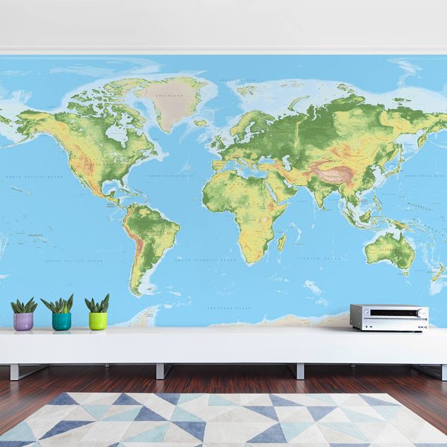 Papel pintado mapamundi infantil Physical World Map