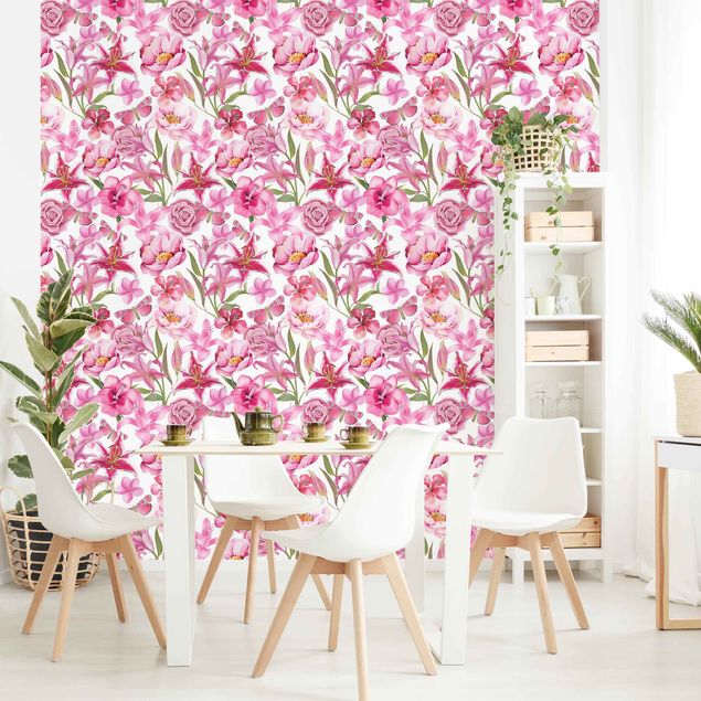 Papel pintado flores Pink Flowers With Butterflies