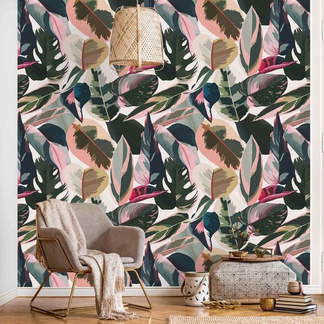 Papel pared flores Pink Tropical Pattern