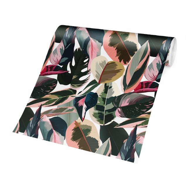 Papel pared verde Pink Tropical Pattern