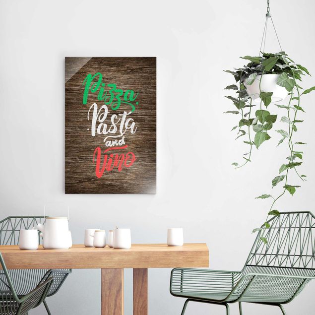 Cuadros de cristal frases Pizza Pasta and Vino On Wooden Board
