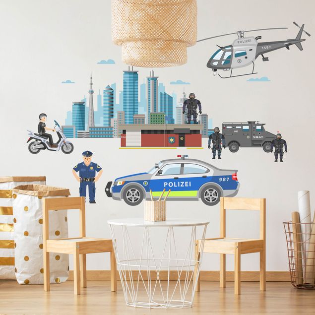 Vinilo 3d pared Police and police cars set