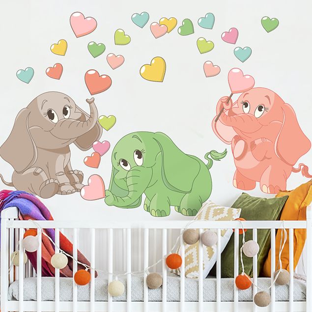 Vinilos de pared elefantes Rainbow elephant babies with colorful hearts