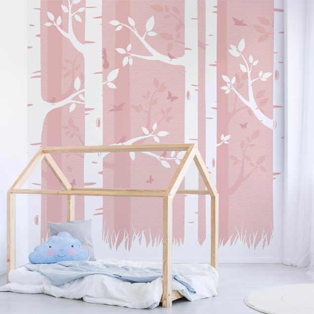 Decoración infantil pared Pink Birch Forest With Butterflies And Birds