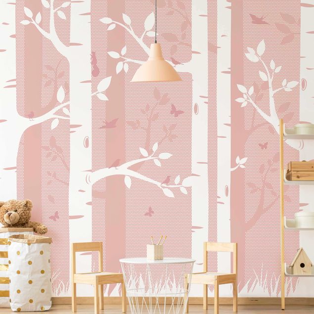 Papel pintado salón moderno Pink Birch Forest With Butterflies And Birds