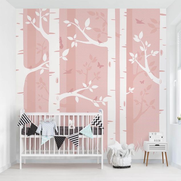 Papel pared paisaje Pink Birch Forest With Butterflies And Birds