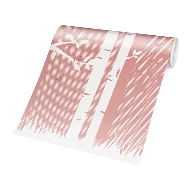 Papel pared bosque Pink Birch Forest With Butterflies And Birds