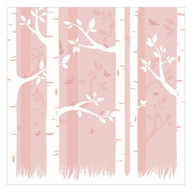 Papel pintado tonos beige Pink Birch Forest With Butterflies And Birds