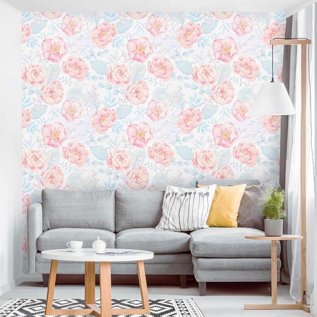 Papel pintado floral Pink Flowers With Light Blue Leaves