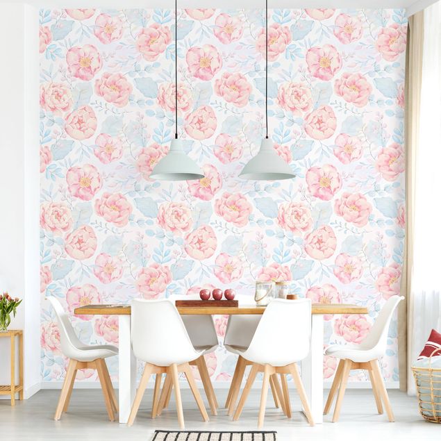 Papel pintado con patrones Pink Flowers With Light Blue Leaves