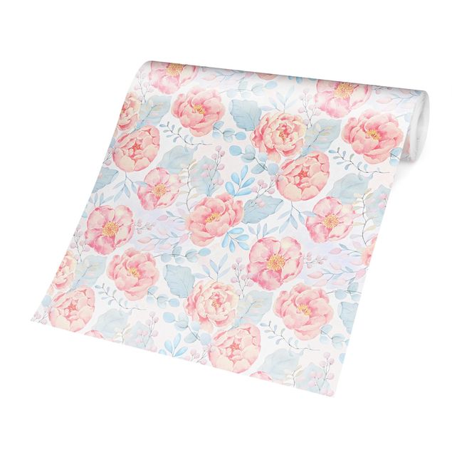 Papel pintado moderno Pink Flowers With Light Blue Leaves