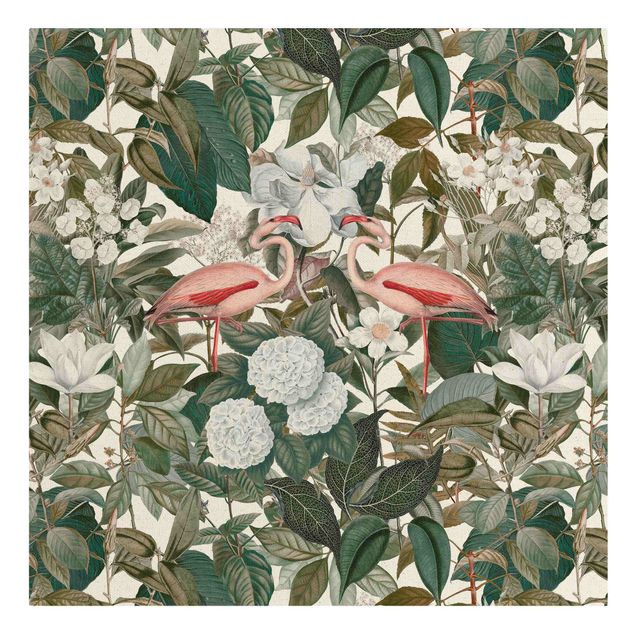 Cuadro verde Pink Flamingos With Leaves And White Flowers