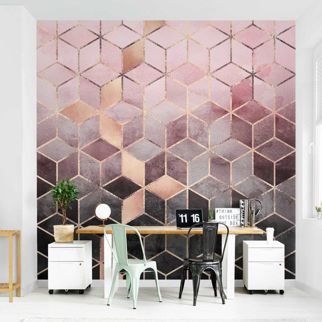 Papel pintado con patrones Pink Grey Golden Geometry