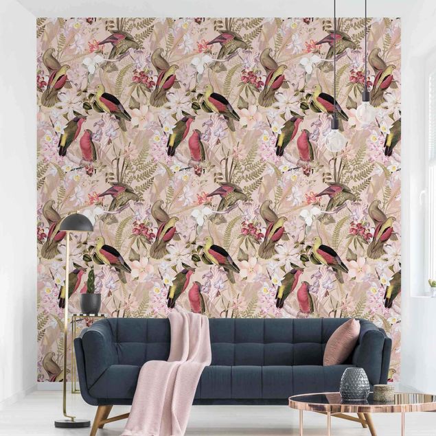 Papel pared flores Pink Pastel Birds With Flowers