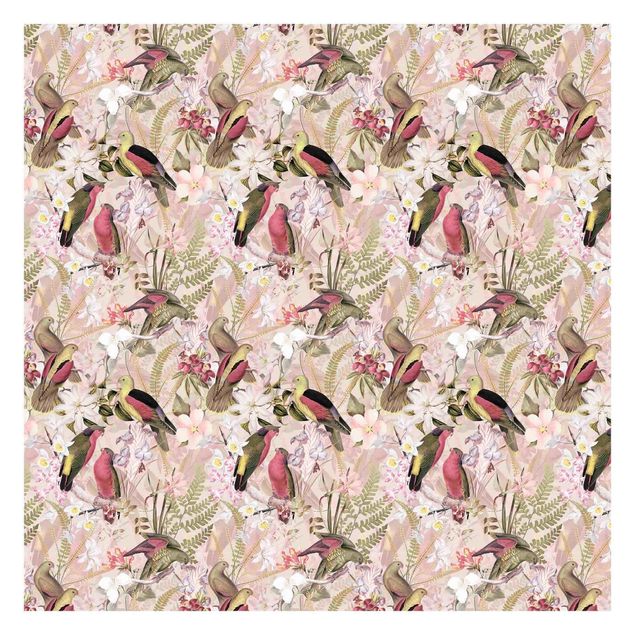 Papel pared rosa Pink Pastel Birds With Flowers