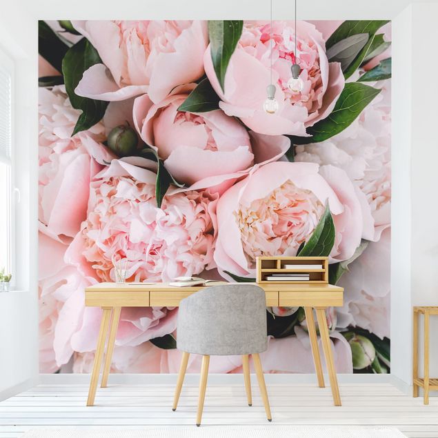 Papel pintado flores Pink Peonies With Leaves