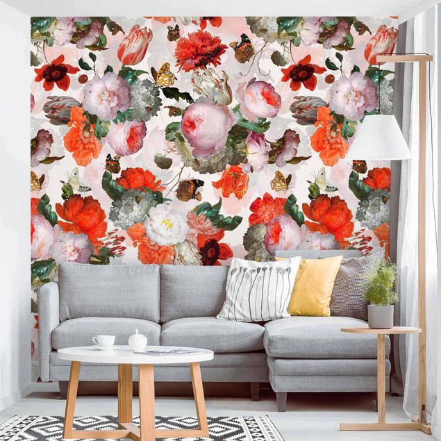 Papel pintado moderno Red Flowers With Butterflies