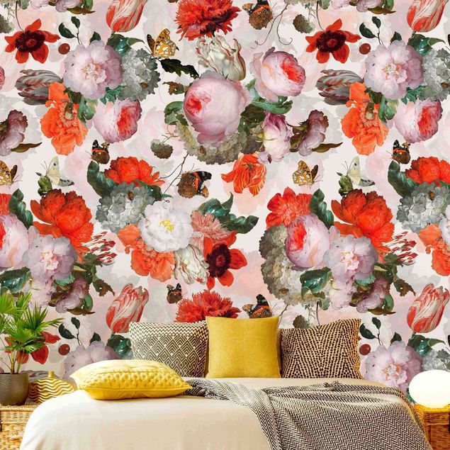 Papel pintado floral Red Flowers With Butterflies