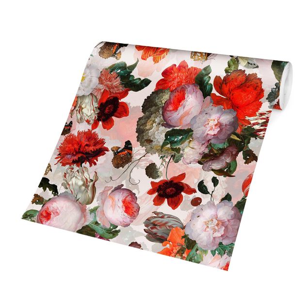 Papel pintado animales Red Flowers With Butterflies