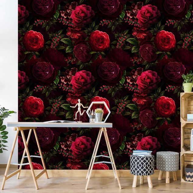 Papel pintado flores Red Roses In Front of Black