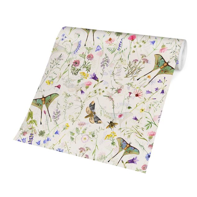 Papeles pintados modernos Butterflies With Flowers On Cream Colour