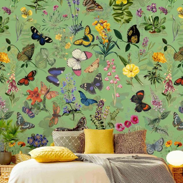 Papel pared flores Butterflies With Flowers On Green