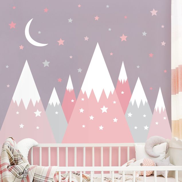 Decoración habitación infantil Snow-capped mountains star and moon pink