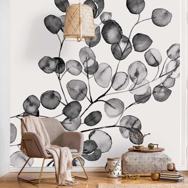 Papel pintado floral Black And White Eucalyptus Twig Watercolour