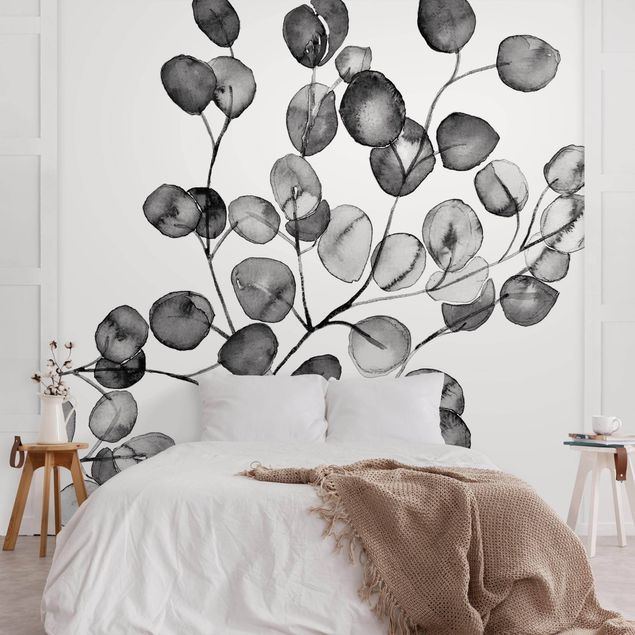 Papel pintado moderno Black And White Eucalyptus Twig Watercolour