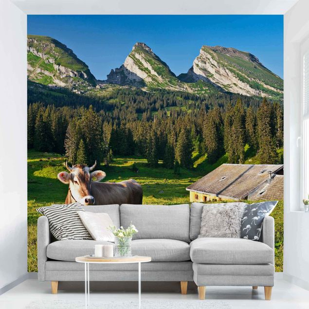Papel pintado moderno Swiss Alpine Meadow With Cow