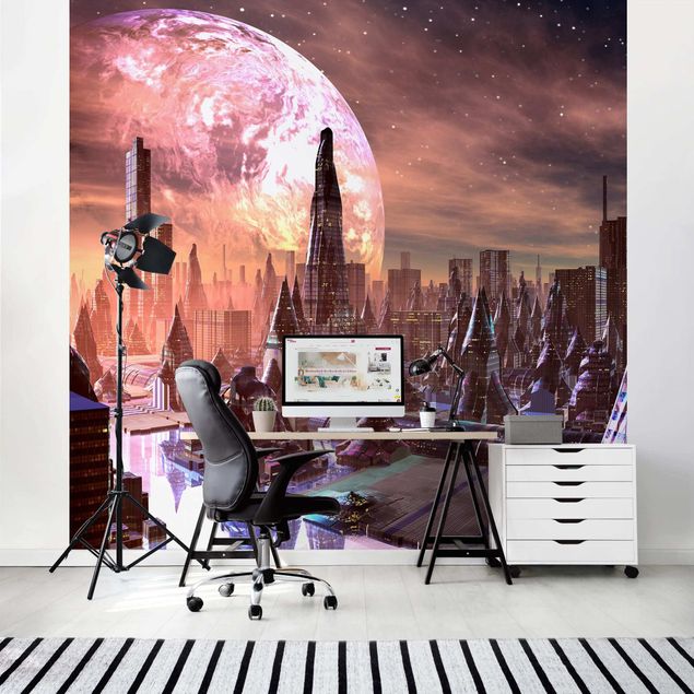 Papel 3d para pared Sci-Fi City With Planets
