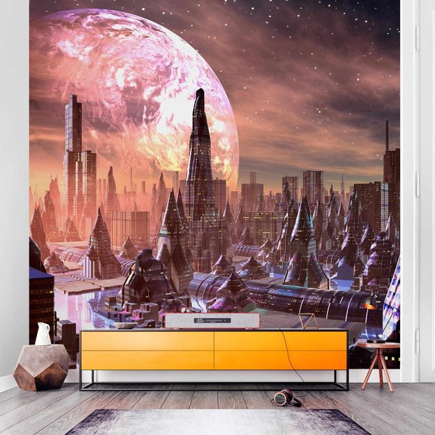 Papel pintado salón moderno Sci-Fi City With Planets