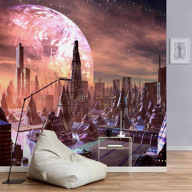 Papel pintado negro Sci-Fi City With Planets