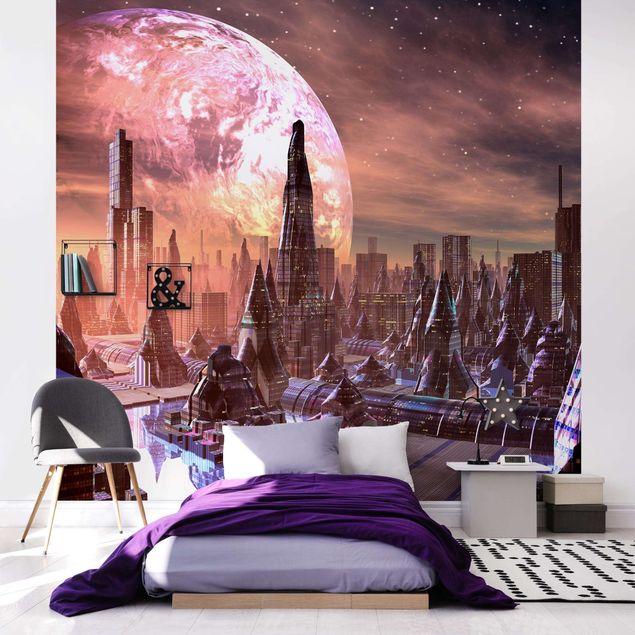 Papel de pared Sci-Fi City With Planets