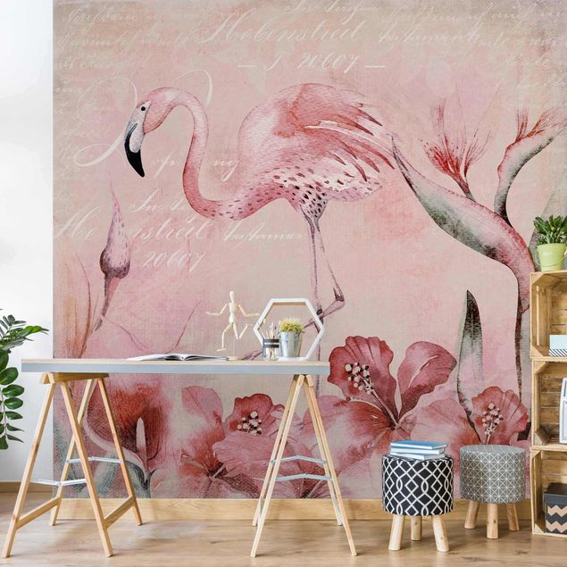 Papel pintado flamencos rosas Shabby Chic Collage - Flamingo