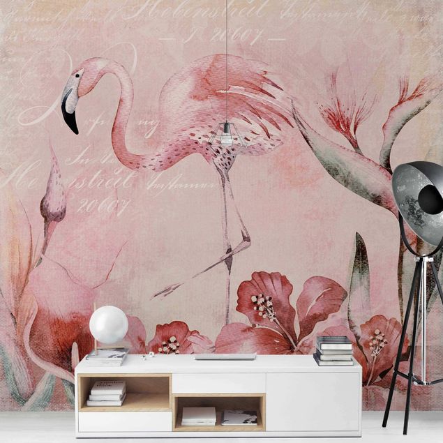 Papel pintado aves Shabby Chic Collage - Flamingo