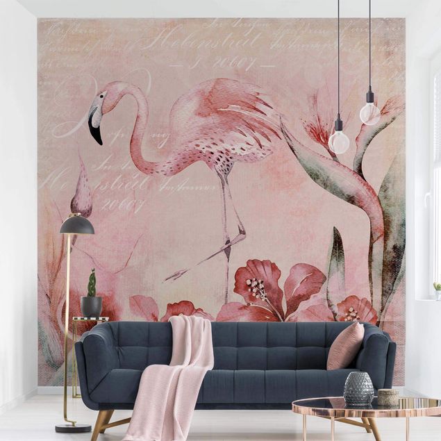 Papel pared flores Shabby Chic Collage - Flamingo