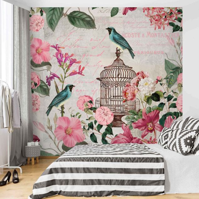 Decoración cocina Shabby Chic Collage - Pink Flowers And Blue Birds