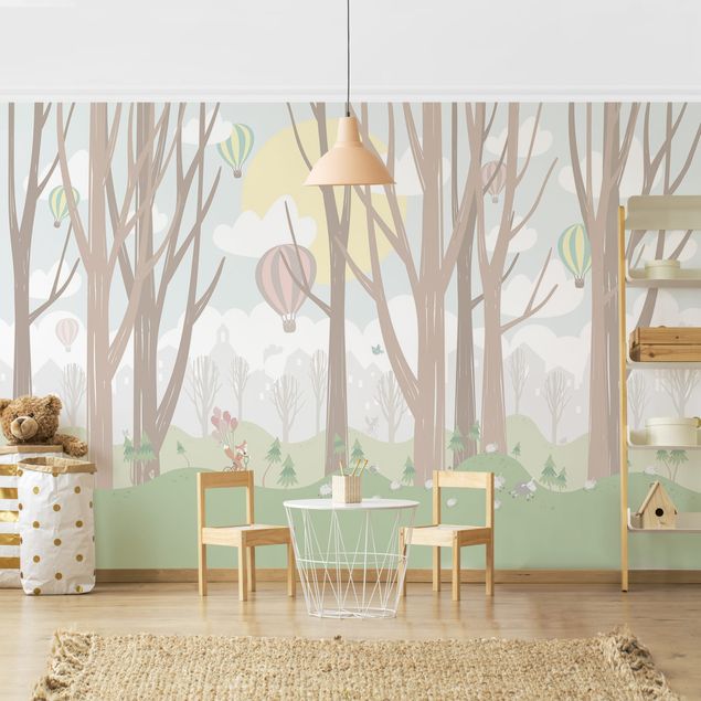 Papel pared paisaje Sun With Trees And Hot Air Balloons