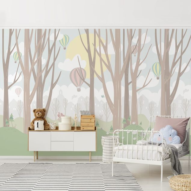 Papel pared bosque Sun With Trees And Hot Air Balloons