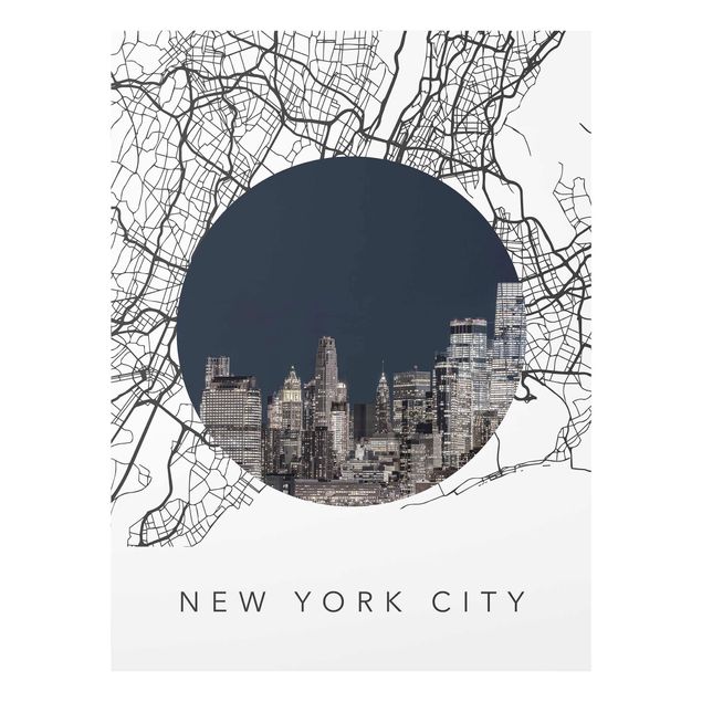 Cuadros de cristal blanco y negro Map Collage New York City