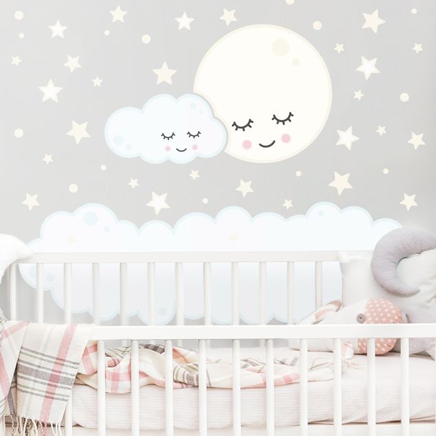 Decoración infantil pared Star moon cloud with sleeping eyes