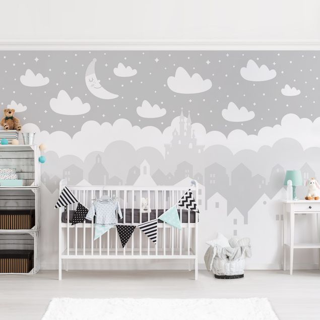 Papel pintado cielo nubes Starry Sky With Houses And Moon In Gray